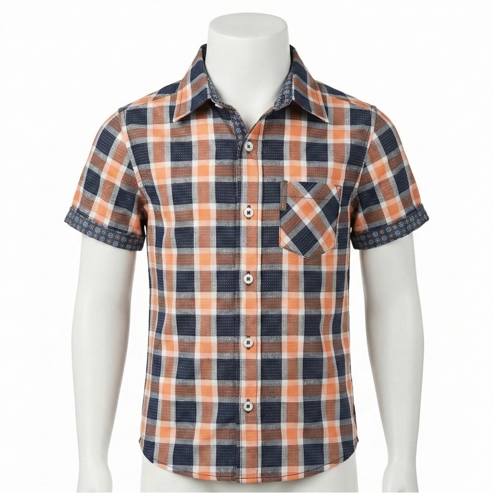 Ben Sherman Baby Boy Shirt 12 Months Plaid Button Down Orange Navy Mod Short Slv